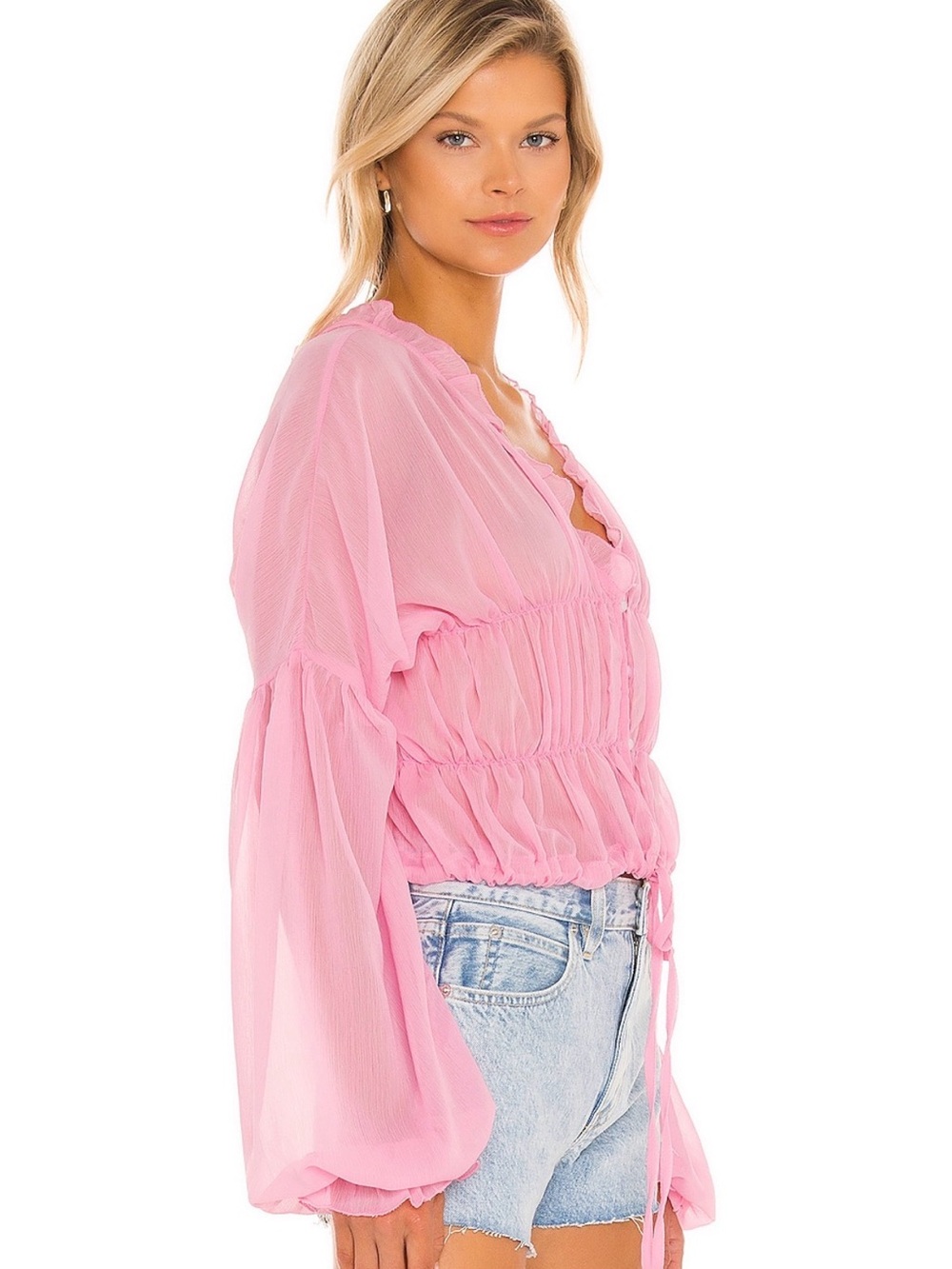 REVOLVE Pink Sheer Ruffled Drawstring Blouse - Picture 4 of 4